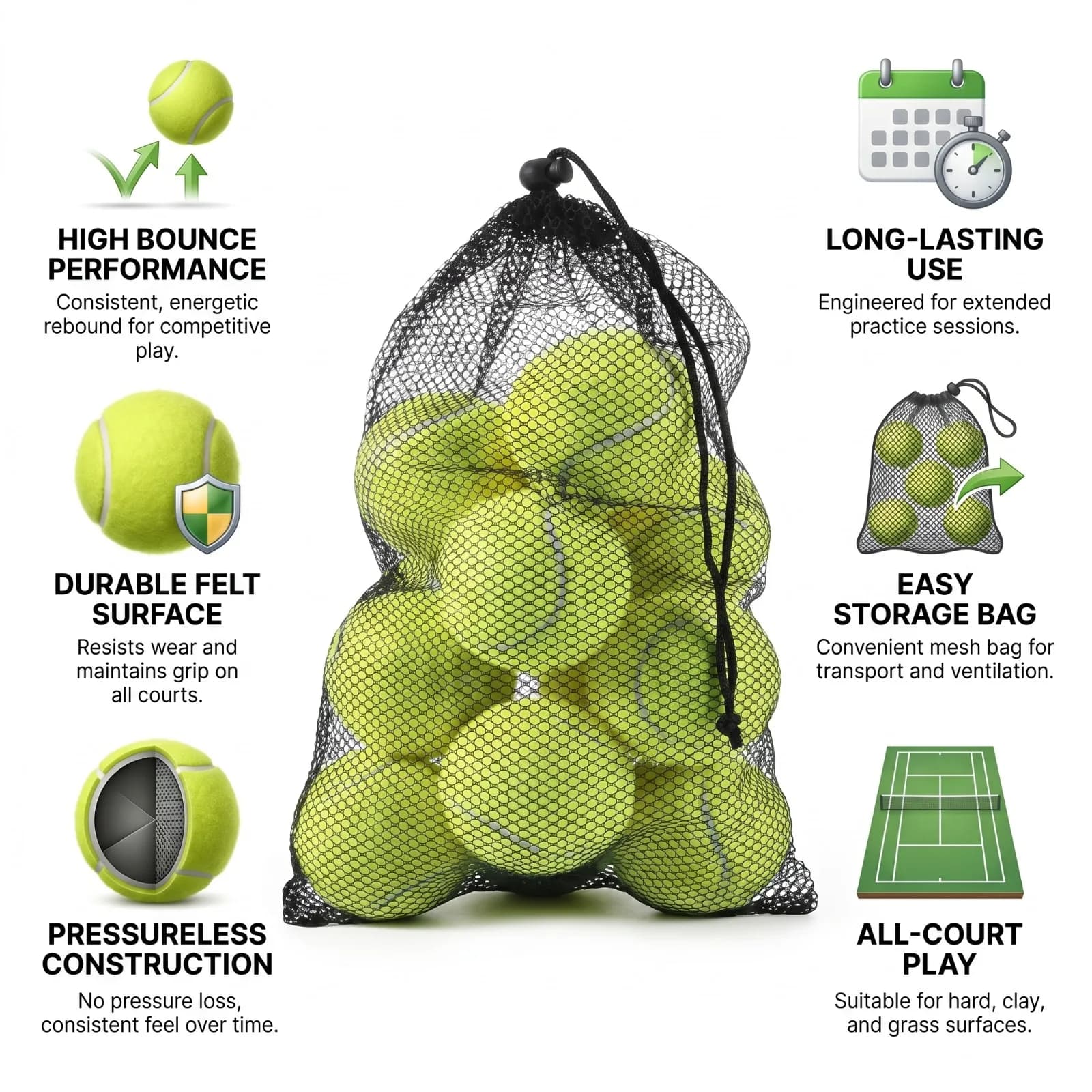 12 Pack High Bounce Tennis Balls with Mesh Carry Bag Multi Purpose Sports UK — image 3