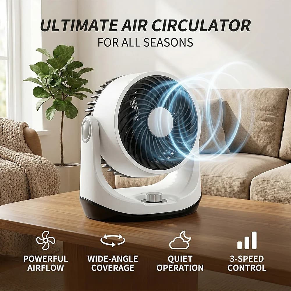 Desktop Air Circulator Fan 180° Oscillating Ultra Quiet 3 Speed Small Table