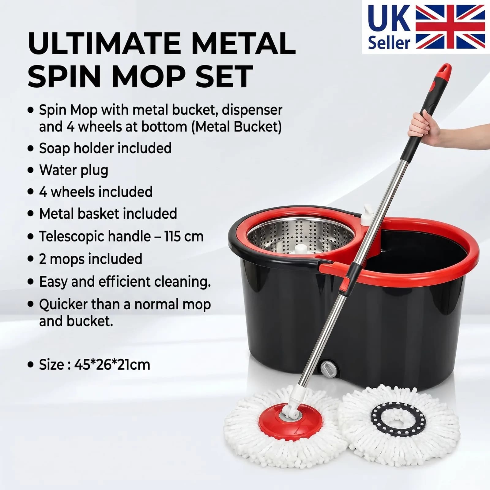 Heavy Duty Spin Mop Cleaning Bucket Set 4 Wheels Fast Drying Floor — image 3