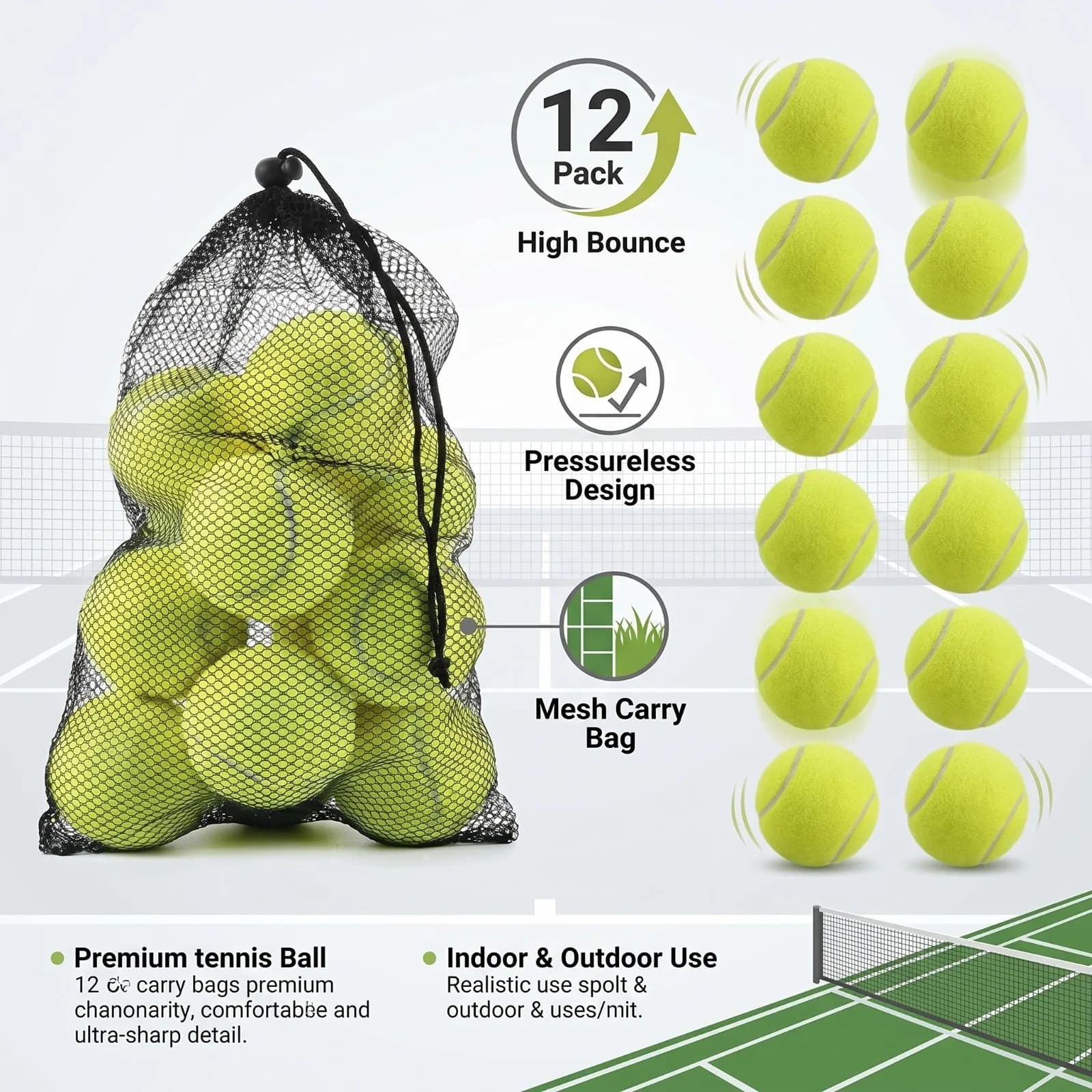 12 Pack High Bounce Tennis Balls with Mesh Carry Bag Multi Purpose Sports UK — image 2