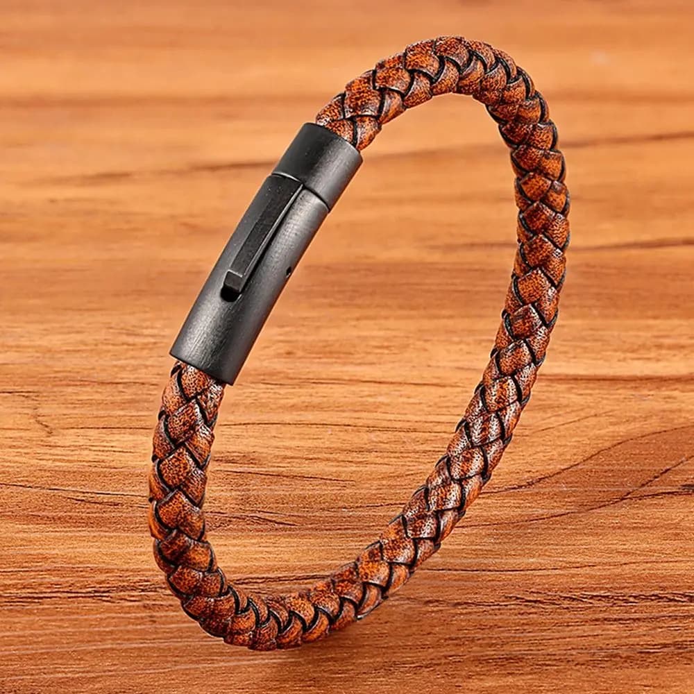 Men's Leather Bracelet Black Stainless Steel Button Hand-woven New XQNI Classic — image 11