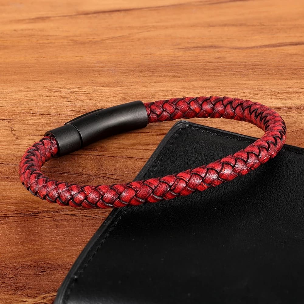 Men's Leather Bracelet Black Stainless Steel Button Hand-woven New XQNI Classic — image 3