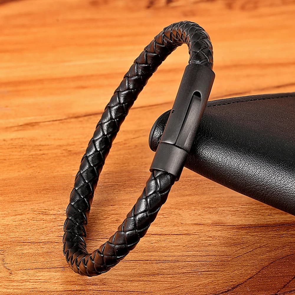 Men's Leather Bracelet Black Stainless Steel Button Hand-woven New XQNI Classic — image 6