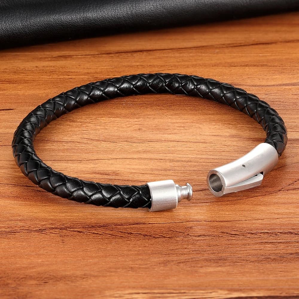 Men's Leather Bracelet Black Stainless Steel Button Hand-woven New XQNI Classic — image 5