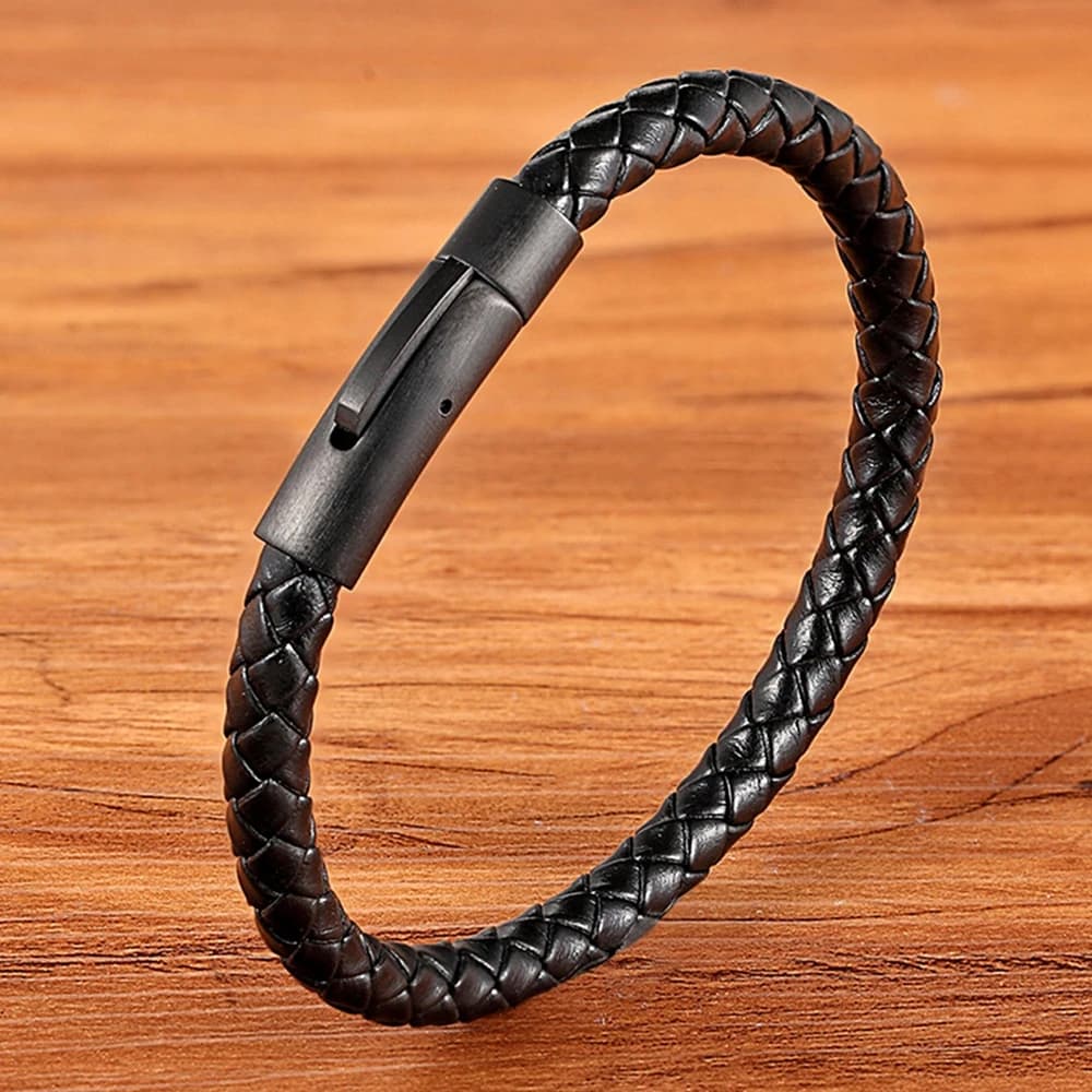 Men's Leather Bracelet Black Stainless Steel Button Hand-woven New XQNI Classic — image 2
