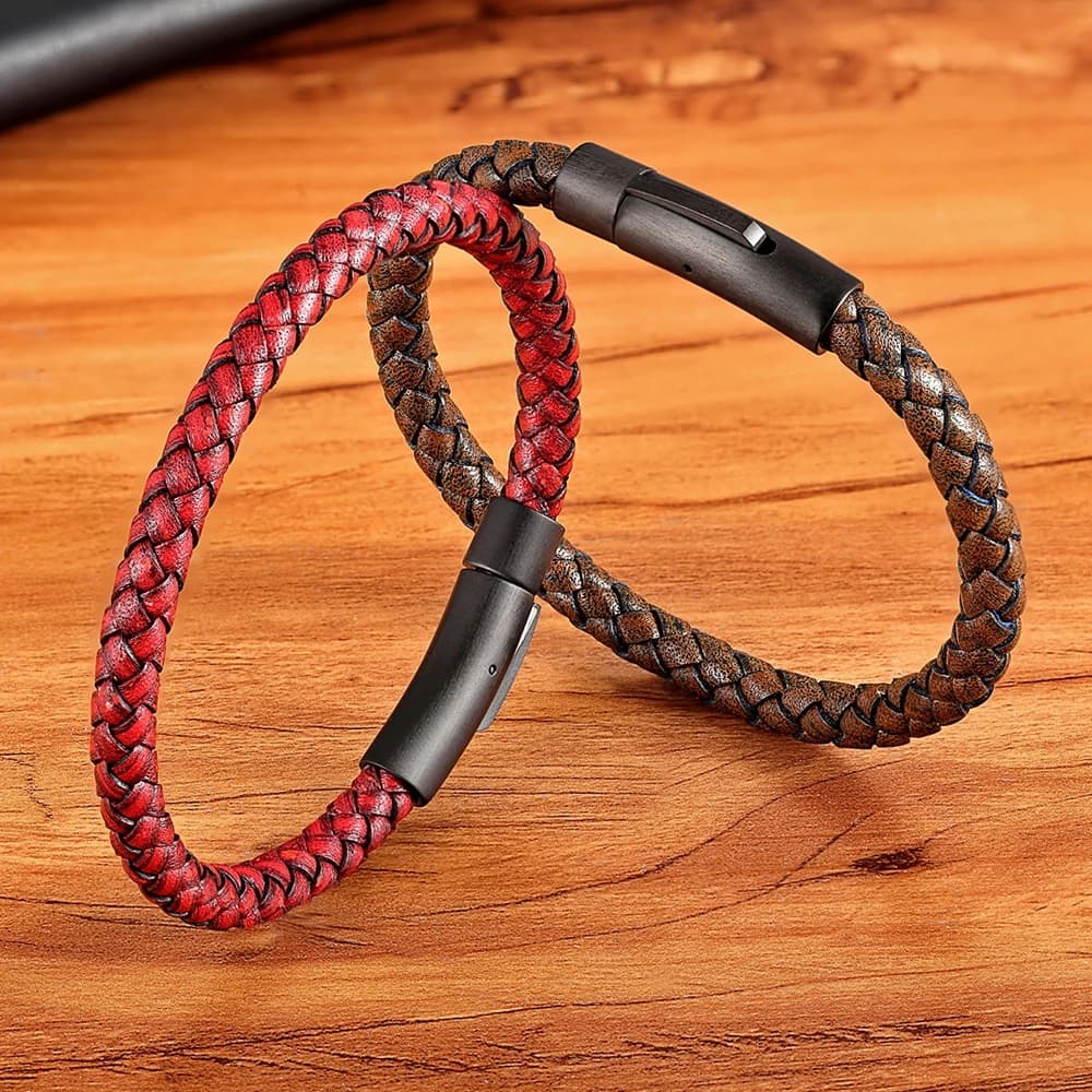 Men's Leather Bracelet Black Stainless Steel Button Hand-woven New XQNI Classic — image 7