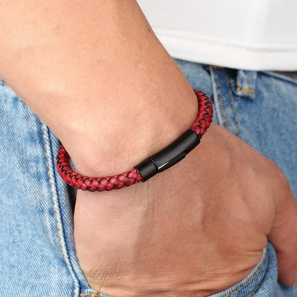 Men's Leather Bracelet Black Stainless Steel Button Hand-woven New XQNI Classic — image 4