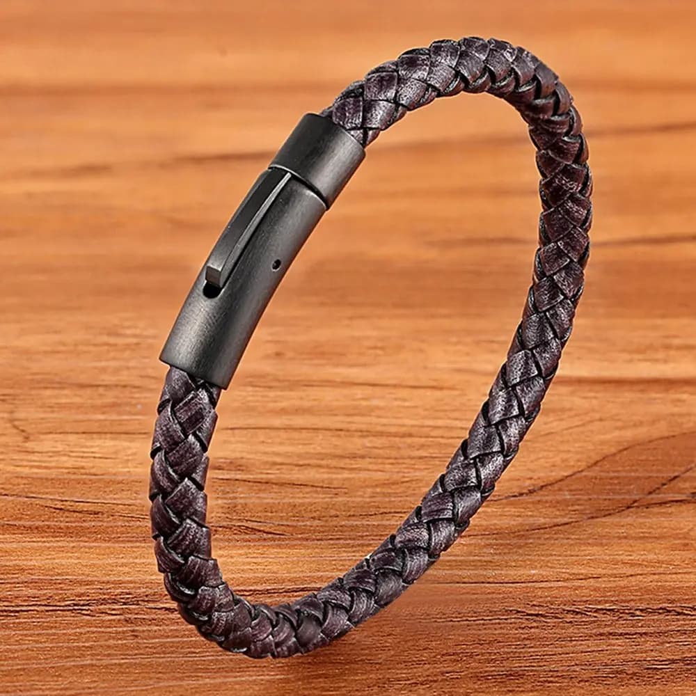 Men's Leather Bracelet Black Stainless Steel Button Hand-woven New XQNI Classic — image 10