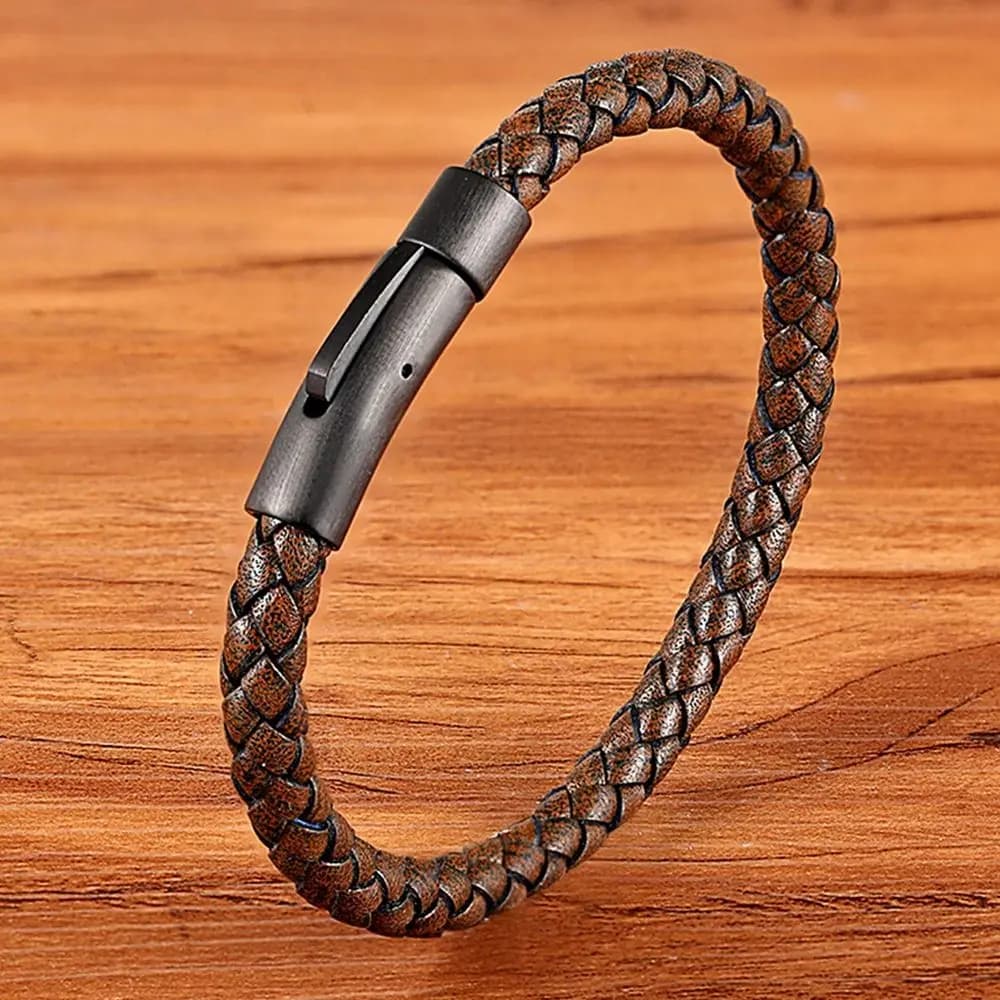 Men's Leather Bracelet Black Stainless Steel Button Hand-woven New XQNI Classic — image 8