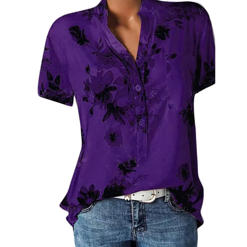 Women's Casual V-Neck Short Sleeve Blouse Shirt Loose Fit Plus Size Printing — image 5