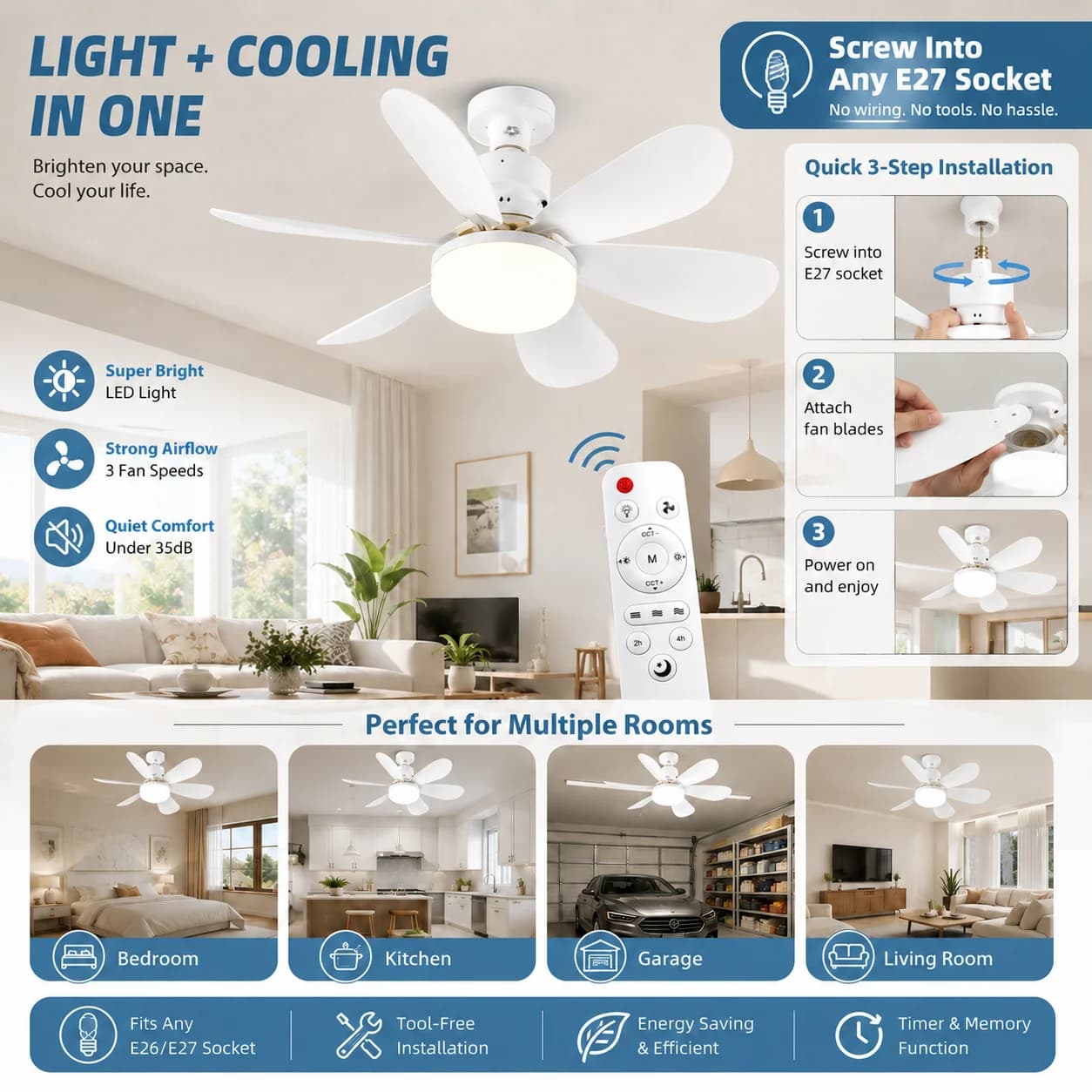 E27 LED Ceiling Fan Light Remote 3 Color Dimmable Rotatable New with Lamp Base U — image 5