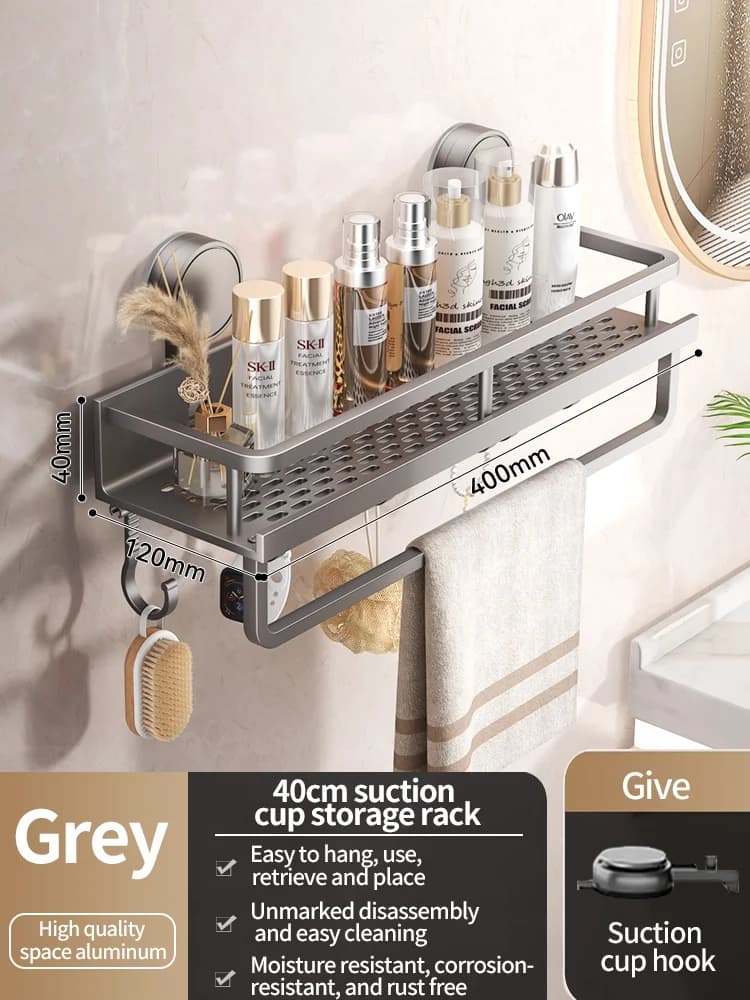 Bathroom Shelf Suction Cup Rack Aluminium No Drill Shower Toilet Storage Organiser — image 9