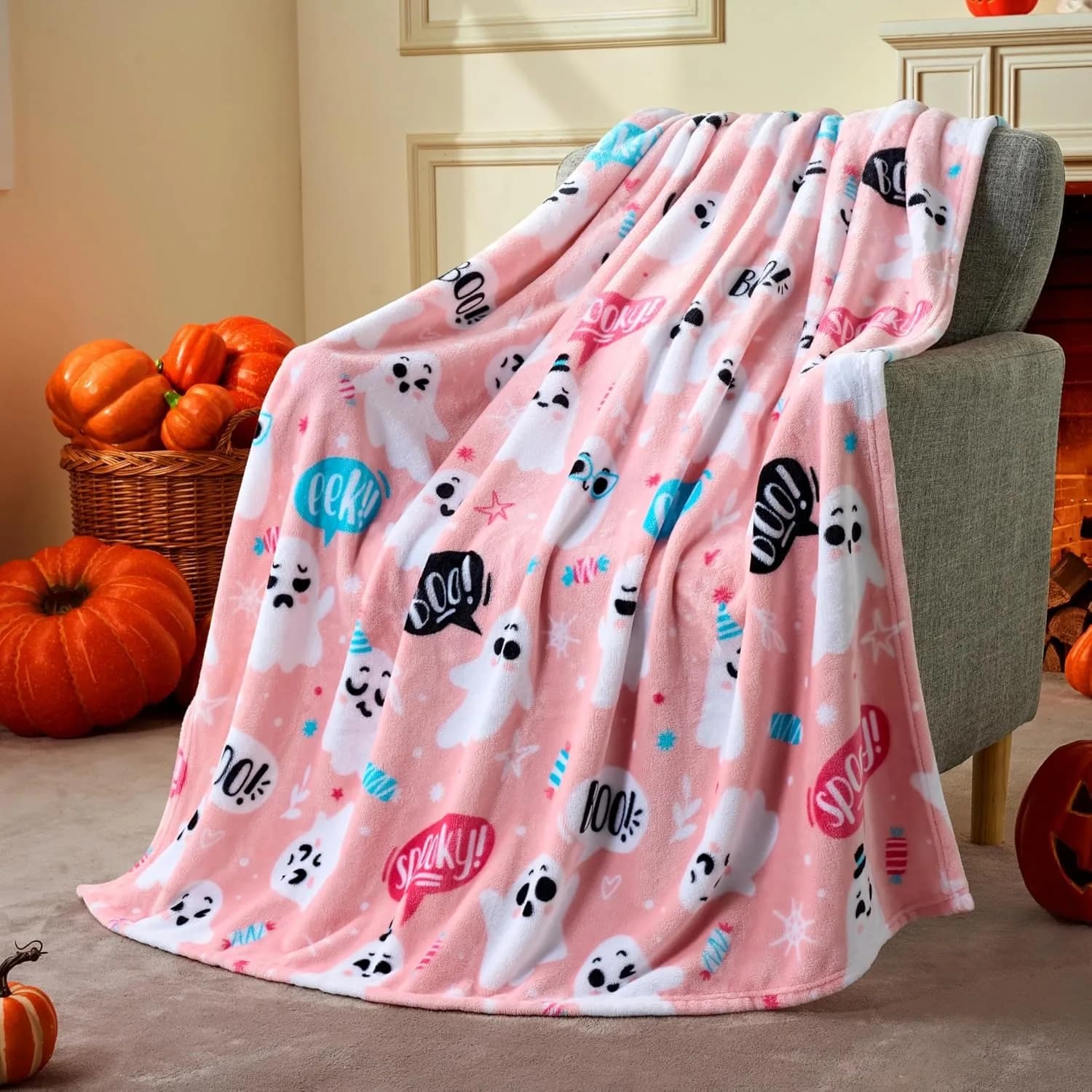 Halloween Throw Blanket Black Bat Pumpkin Ghost Skull Print Soft Lightweight — image 5