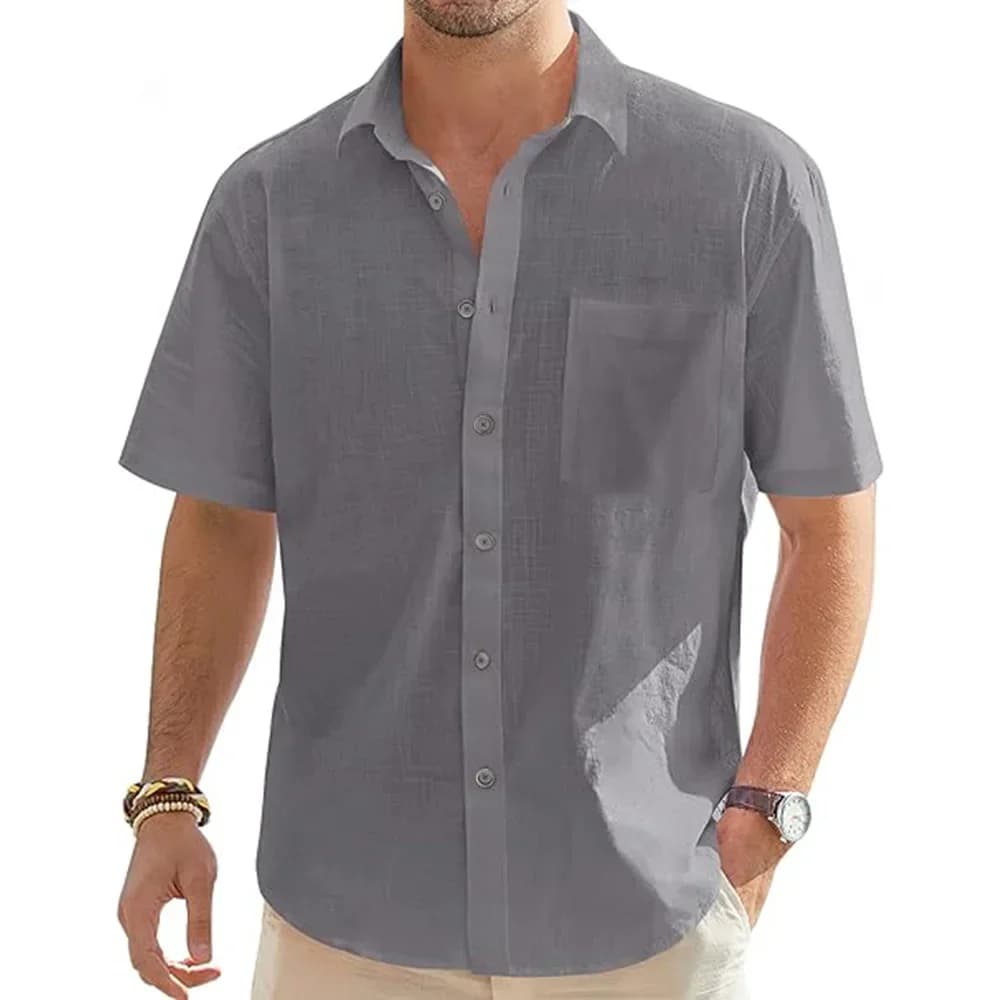 Men's Cotton Linen Short Sleeve Shirt Summer Beach Casual Button Top Solid — image 3