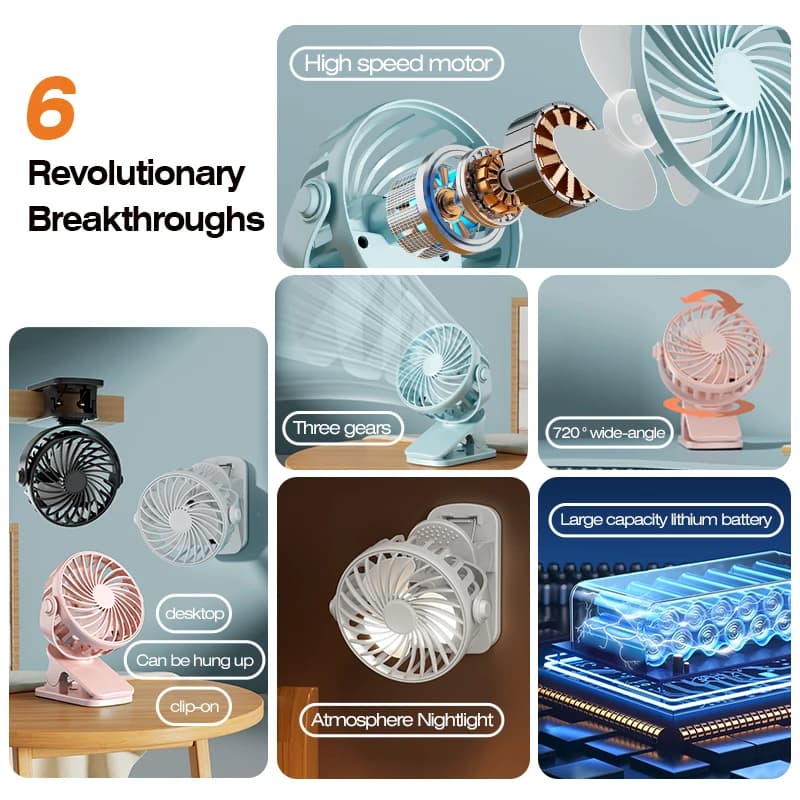 Portable Rechargeable Clip-On Fan 720° Rotating with Night Light — image 6
