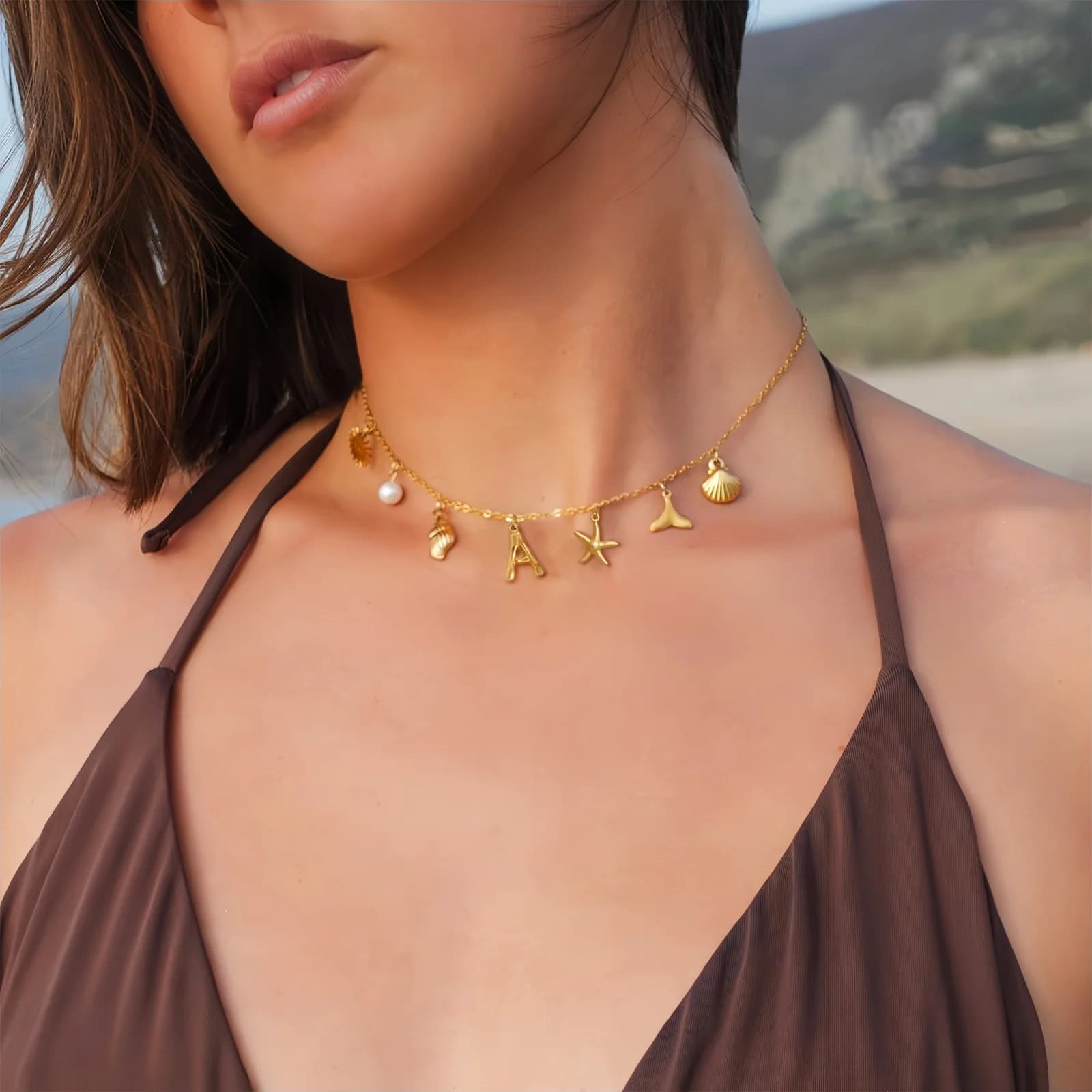 Starfish Shell Initial Necklace 18K Gold Plated Stainless Steel Waterproof — image 2