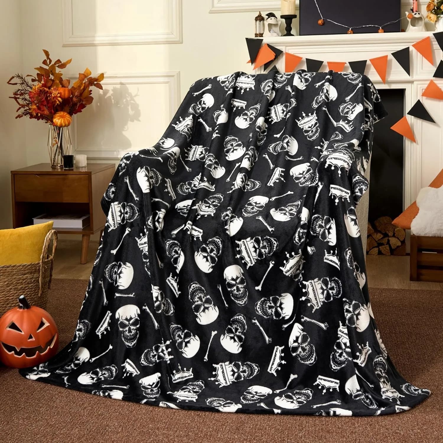 Halloween Throw Blanket Black Bat Pumpkin Ghost Skull Print Soft Lightweight — image 6