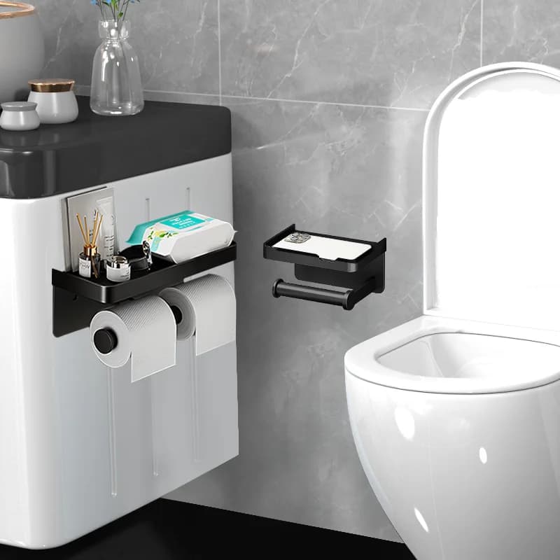 Wall Mounted Toilet Paper Holder Aluminium Alloy Bathroom Roll Shelf with Phone Shelf — image 5