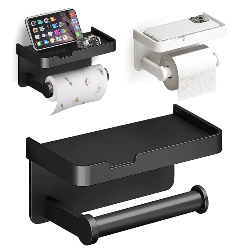 Wall Mounted Toilet Paper Holder Aluminium Alloy Bathroom Roll Shelf with Phone Shelf