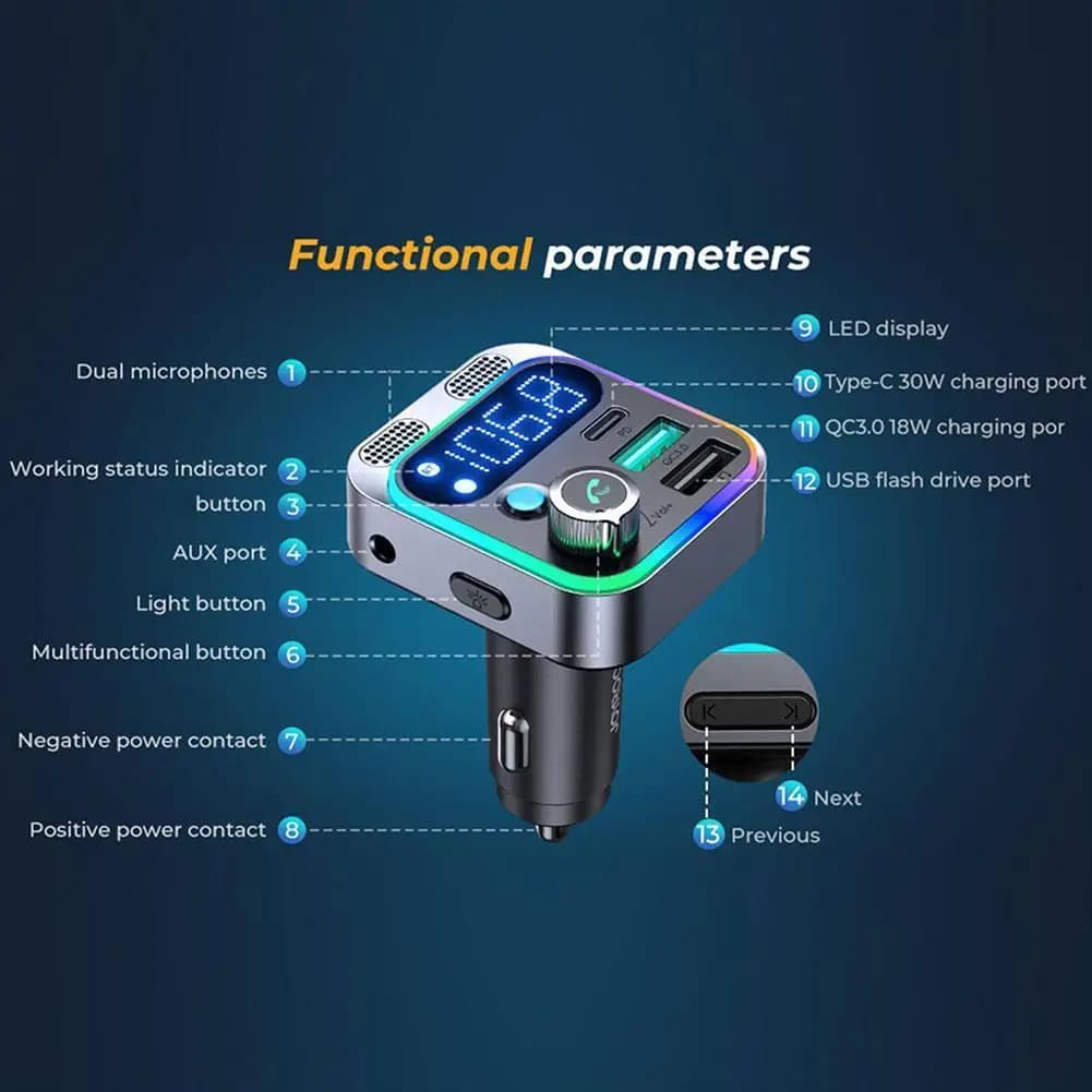 LED Bluetooth 5.0 FM Transmitter Car Charger 48W PD QC3.0 New With Strong Dual U — image 6
