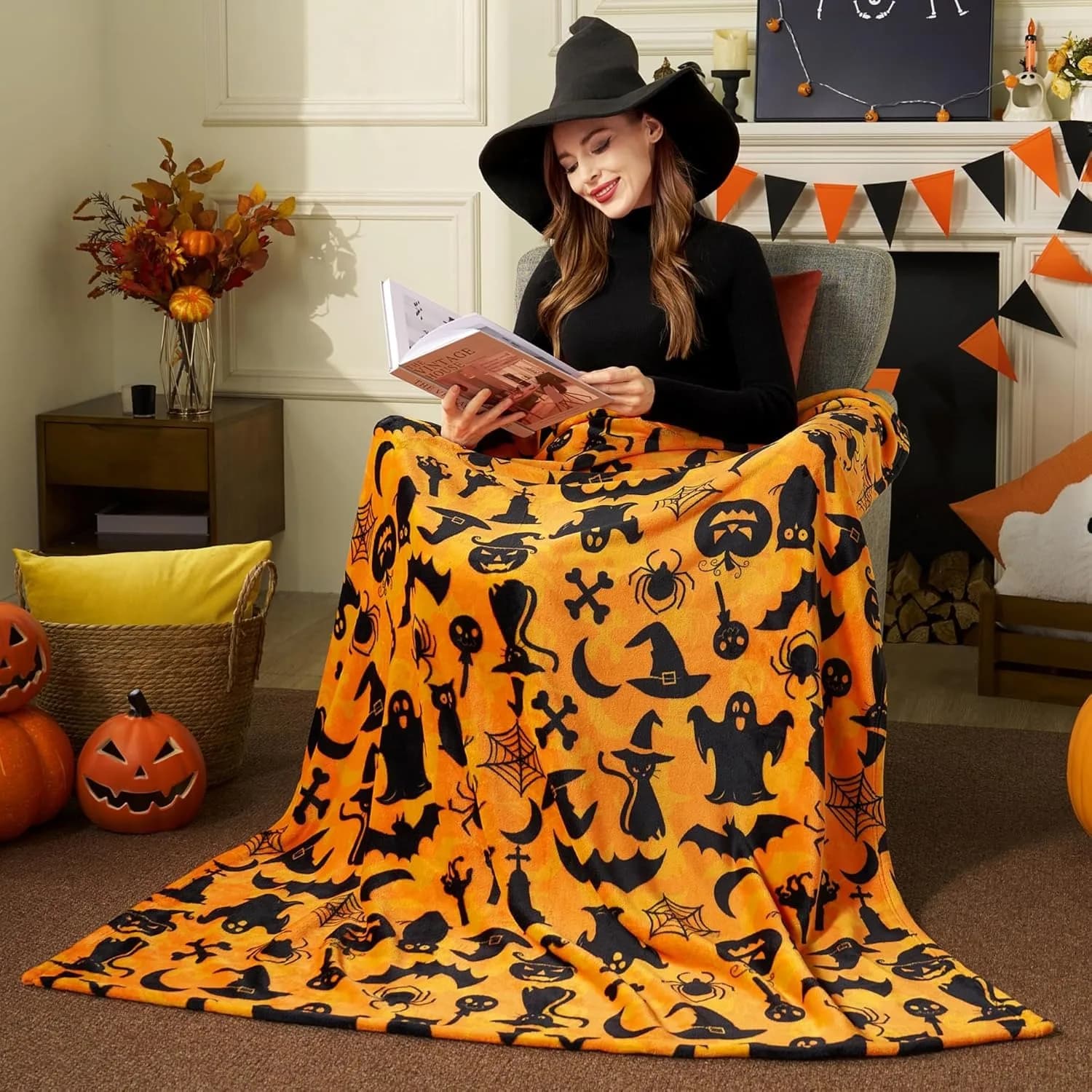 Halloween Throw Blanket Black Bat Pumpkin Ghost Skull Print Soft Lightweight — image 2