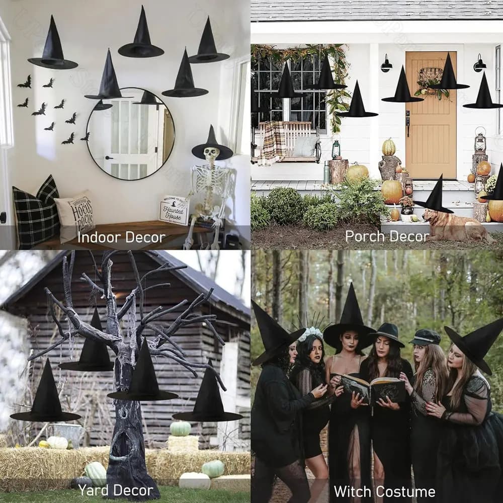 12 Pcs Halloween Black Witch Hats with Rope Hanging Wizard Hats Bulk UK — image 6