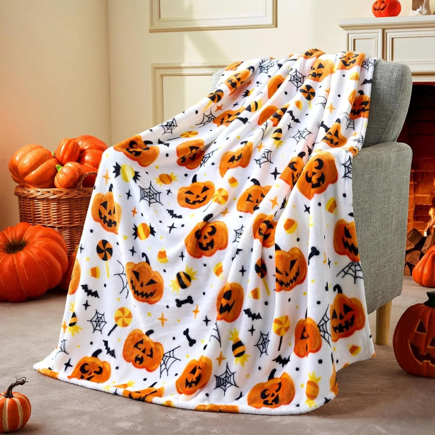 Halloween Throw Blanket Black Bat Pumpkin Ghost Skull Print Soft Lightweight — image 4