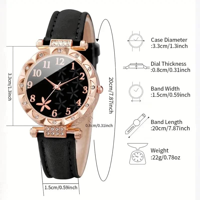 Women's Watch Set Luxury Flower Digital Dial Quartz New Black 2PCS Trendy Scale — image 4
