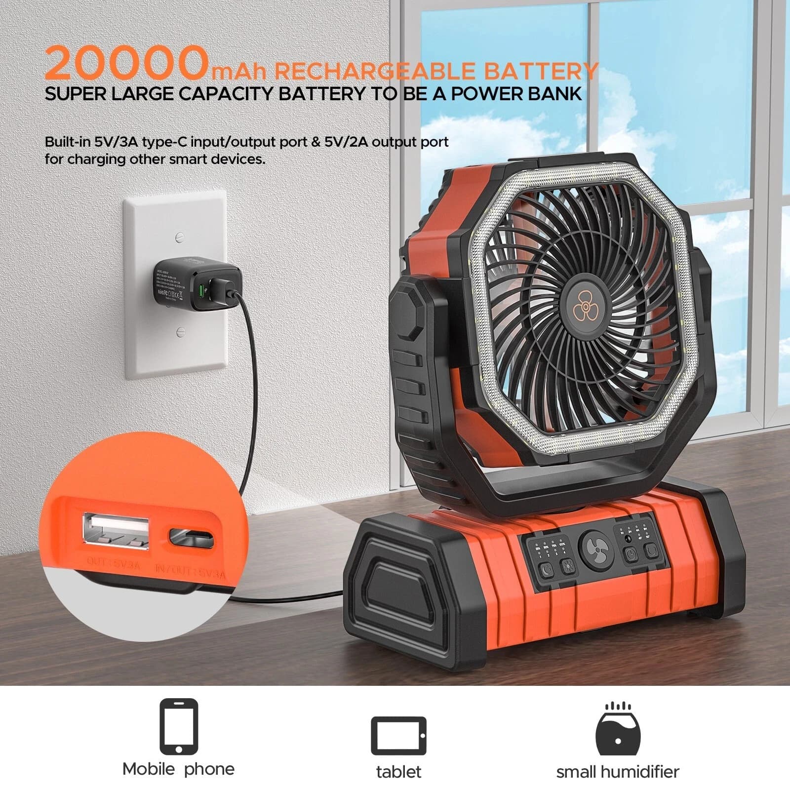 Camping Fan 20000mAh Battery Powered Rechargeable with LED Light Portable UK — image 2