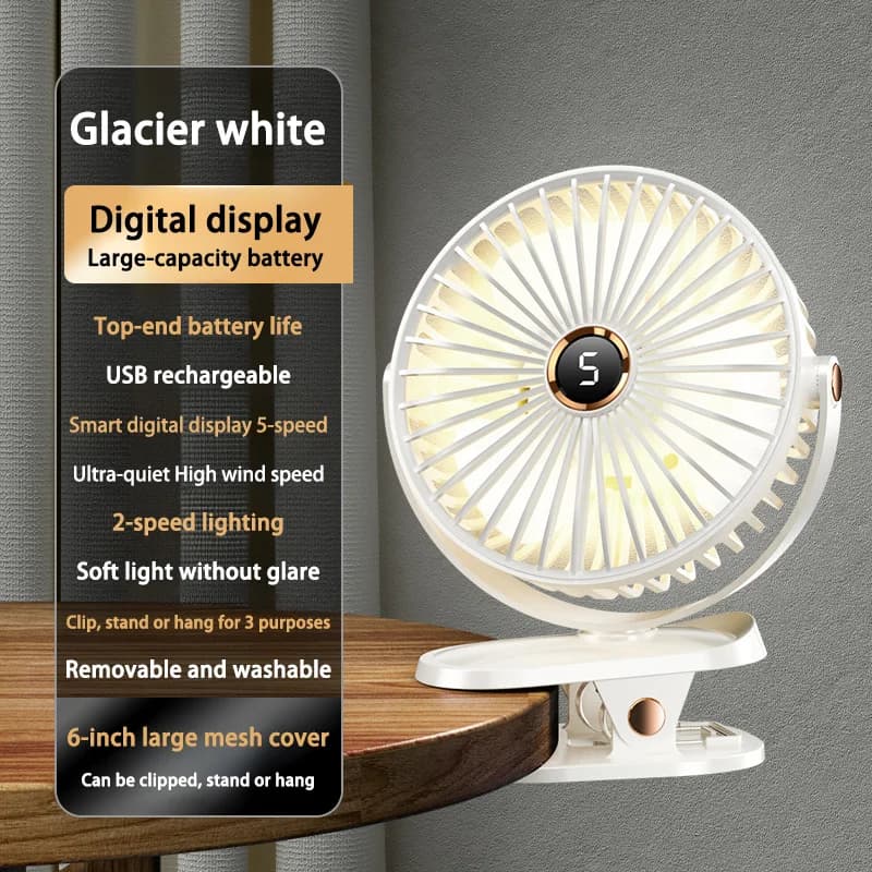 Rechargeable Clip-On Fan 8000mAh 5 Speed LED Light Portable Quiet Desktop UK — image 7