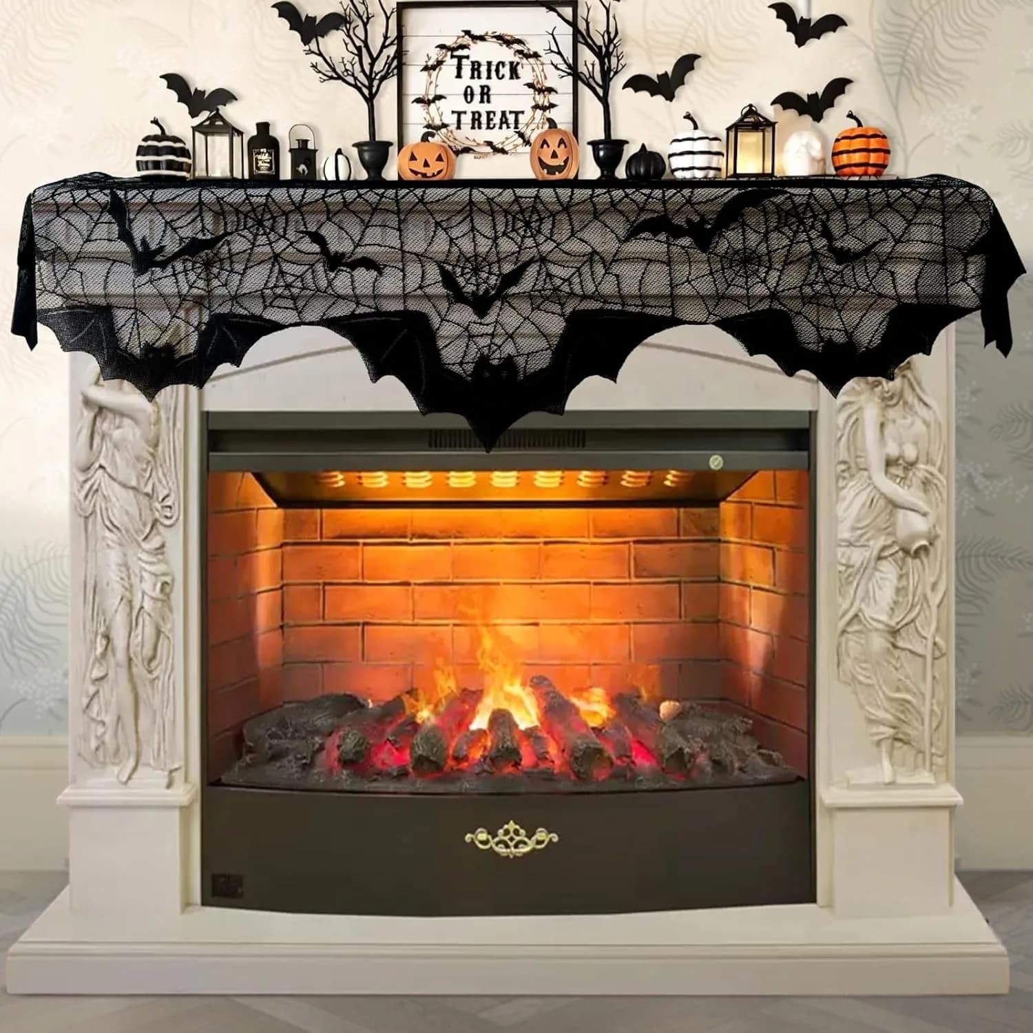 Halloween Decoration Black Lace Spiderweb Fireplace Mantle Scarf Cover — image 9