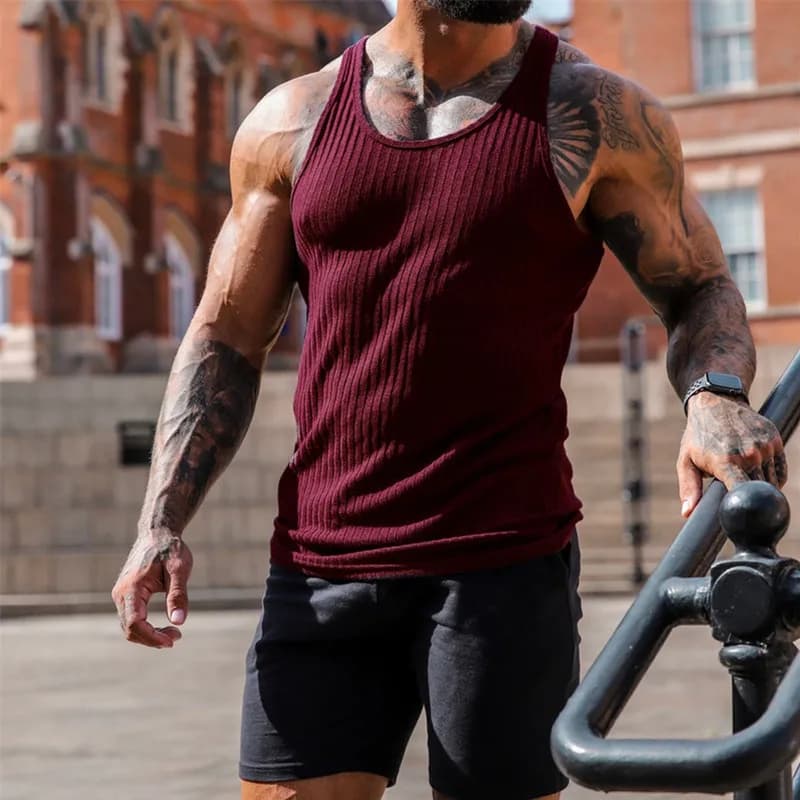 Men's Summer Tank Top Gym Fitness Sleeveless Striped Vest New neck loose Sports — image 6