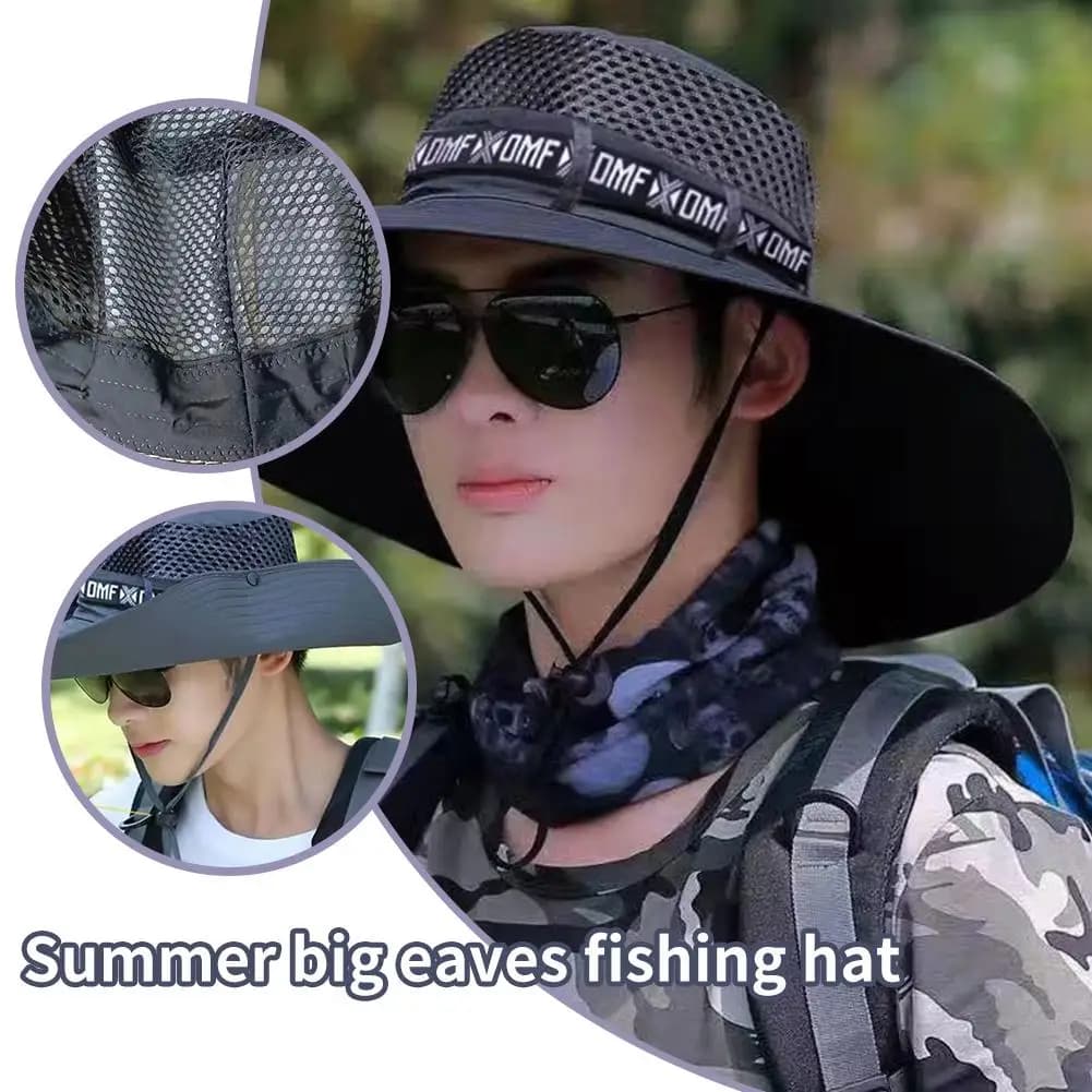 Wide Brim Sun Hat 15cm UV Protection Fishing Hat Mesh Summer Cap Men Women — image 2