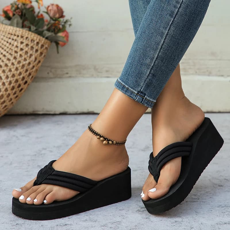 Women's Wedge Flip Flops Platform Clip Toe Beach Slides Black New Lightweight UK — image 4