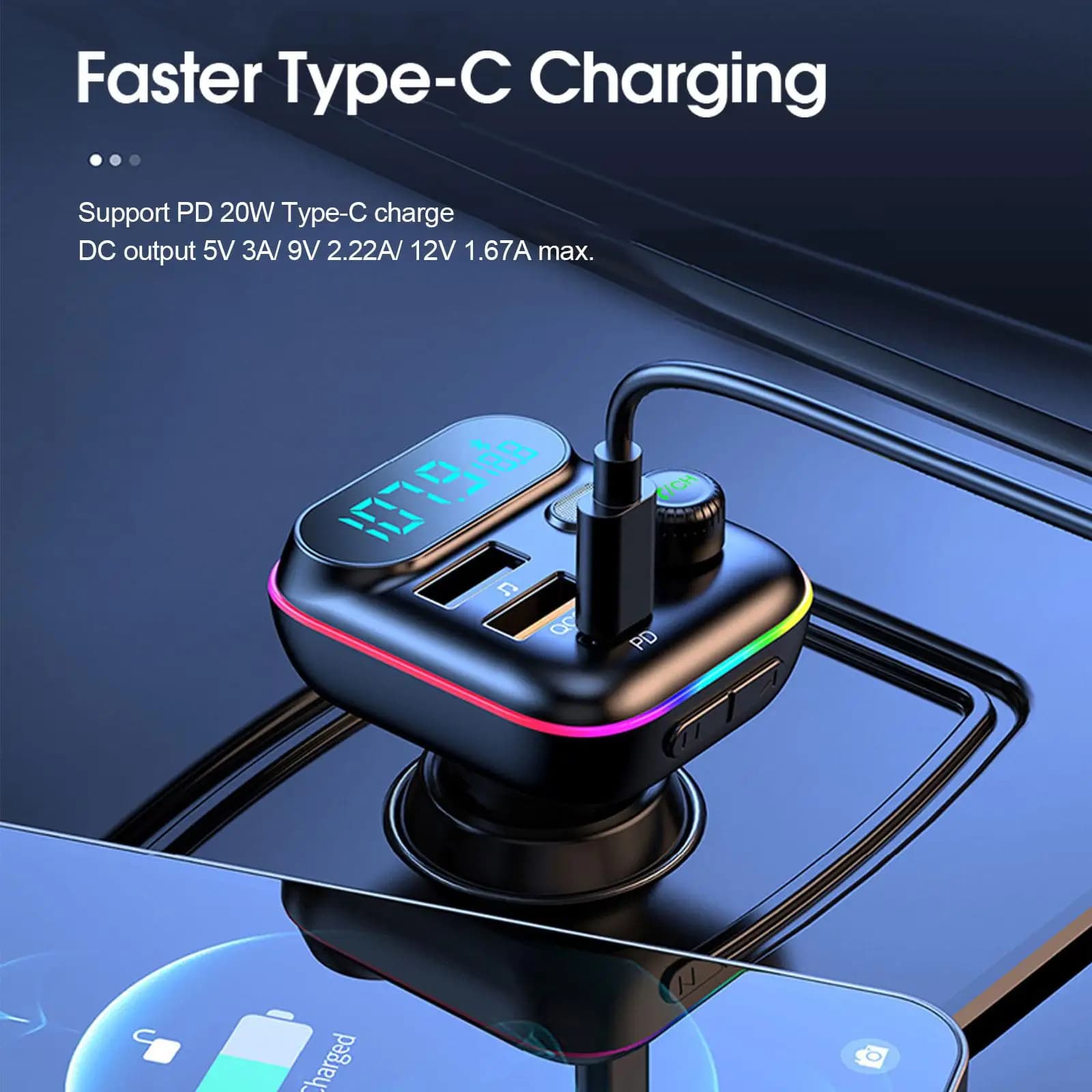 Bluetooth 5.0 FM Transmitter Car Charger Type-C QC3.0 USB Fast Charging — image 5