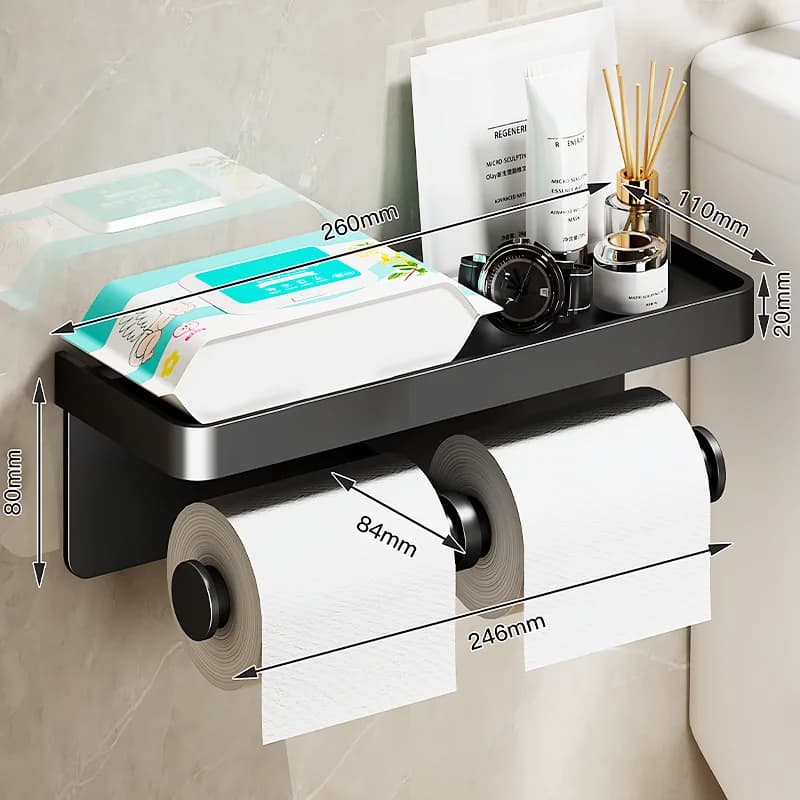 Wall Mounted Toilet Paper Holder Aluminium Alloy Bathroom Roll Shelf with Phone Shelf — image 20