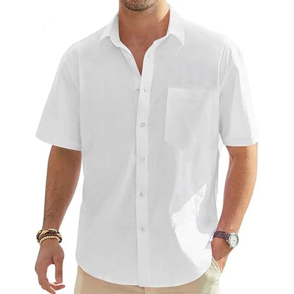 Men's Cotton Linen Short Sleeve Shirt Summer Beach Casual Button Top Solid — image 9