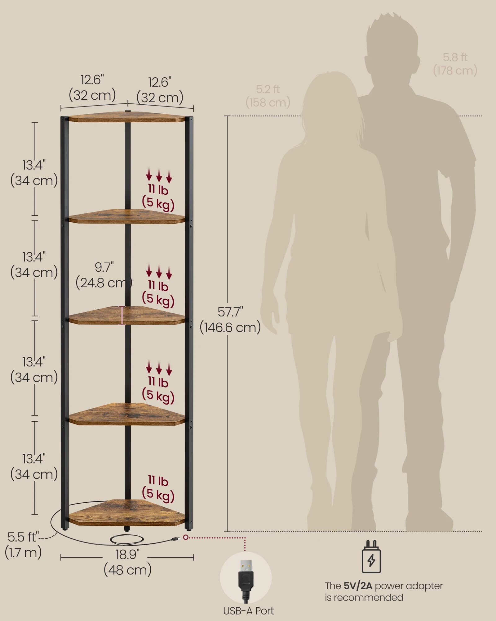 5-Tier Corner Shelf Bookcase LED Lights Storage Steel Frame New VASAGLE with New — image 2