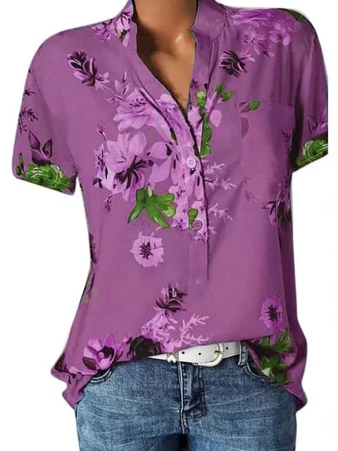 Women's Casual V-Neck Short Sleeve Blouse Shirt Loose Fit Plus Size Printing — image 18