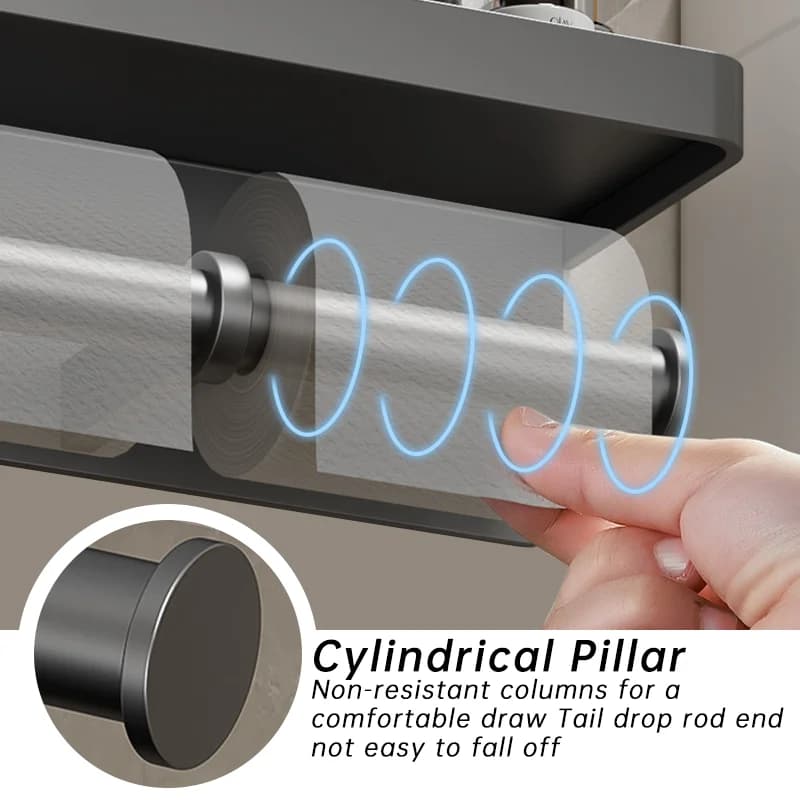 Wall Mounted Toilet Paper Holder Aluminium Alloy Bathroom Roll Shelf with Phone Shelf — image 3