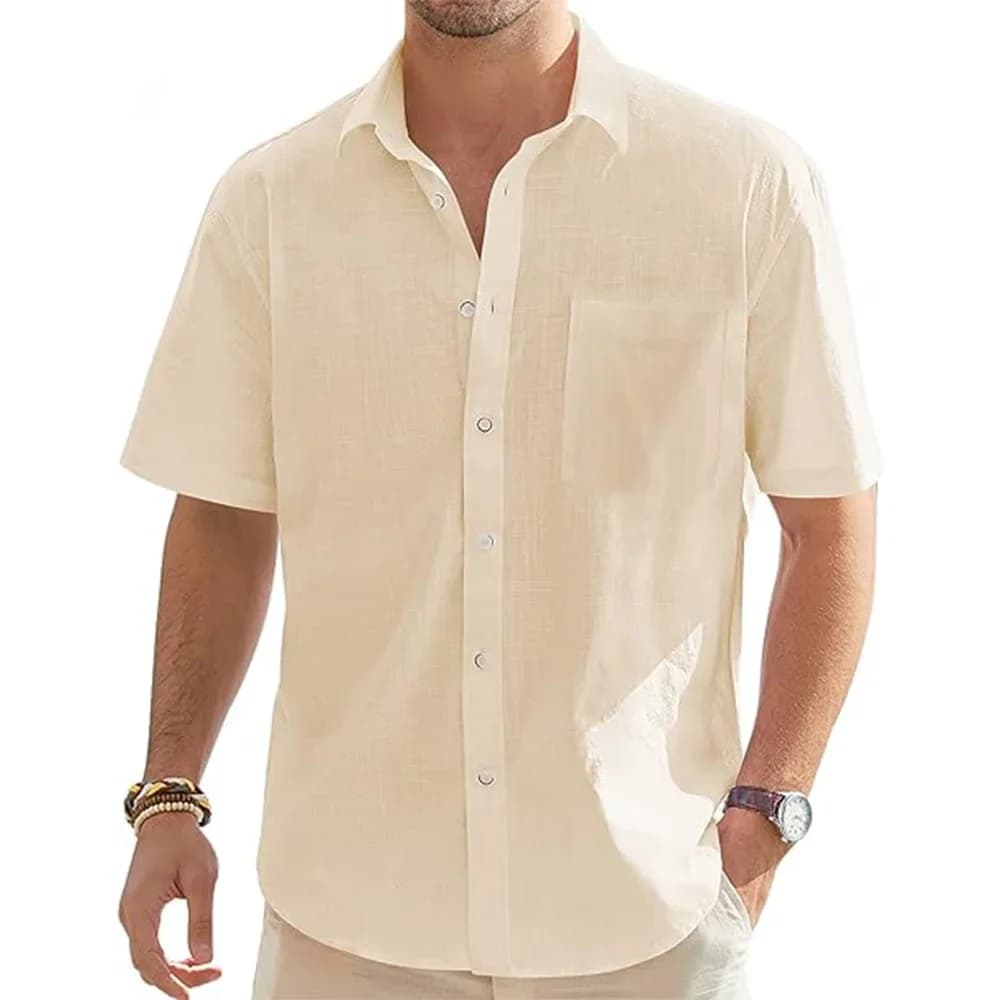 Men's Cotton Linen Short Sleeve Shirt Summer Beach Casual Button Top Solid — image 7