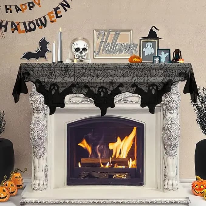 Halloween Decoration Black Lace Spiderweb Fireplace Mantle Scarf Cover — image 11