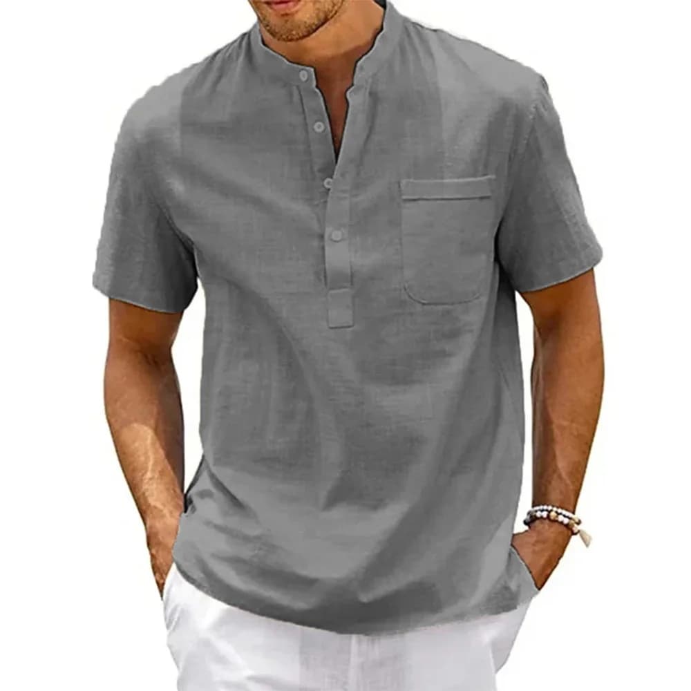 Men's Cotton Linen Henley Neck Shirt Pocket Casual Beach Short Sleeve Solid UK — image 3