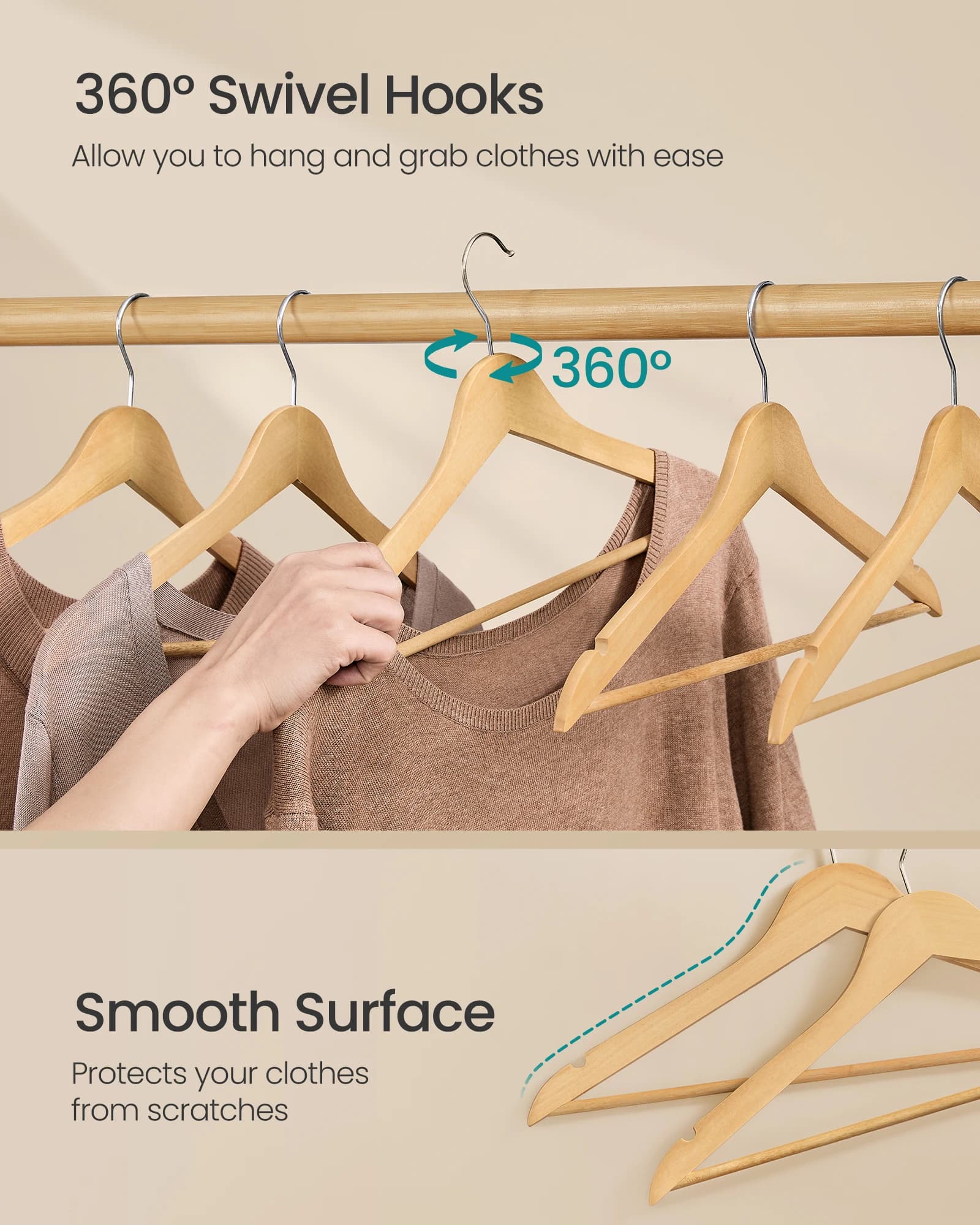 Wooden Hangers Pack of 30 Coat Hangers Pants Bar 360 Swivel New SONGMICS Hooks U — image 4