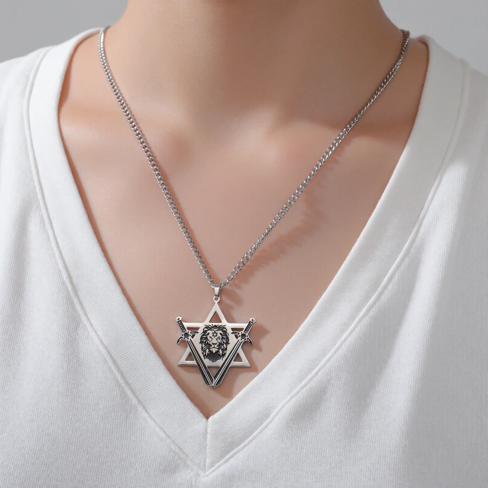 Punk Star of David Lion Head Pendant Necklace Stainless Steel for Women — image 3