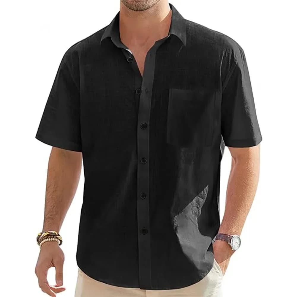 Men's Cotton Linen Short Sleeve Shirt Summer Beach Casual Button Top Solid — image 2