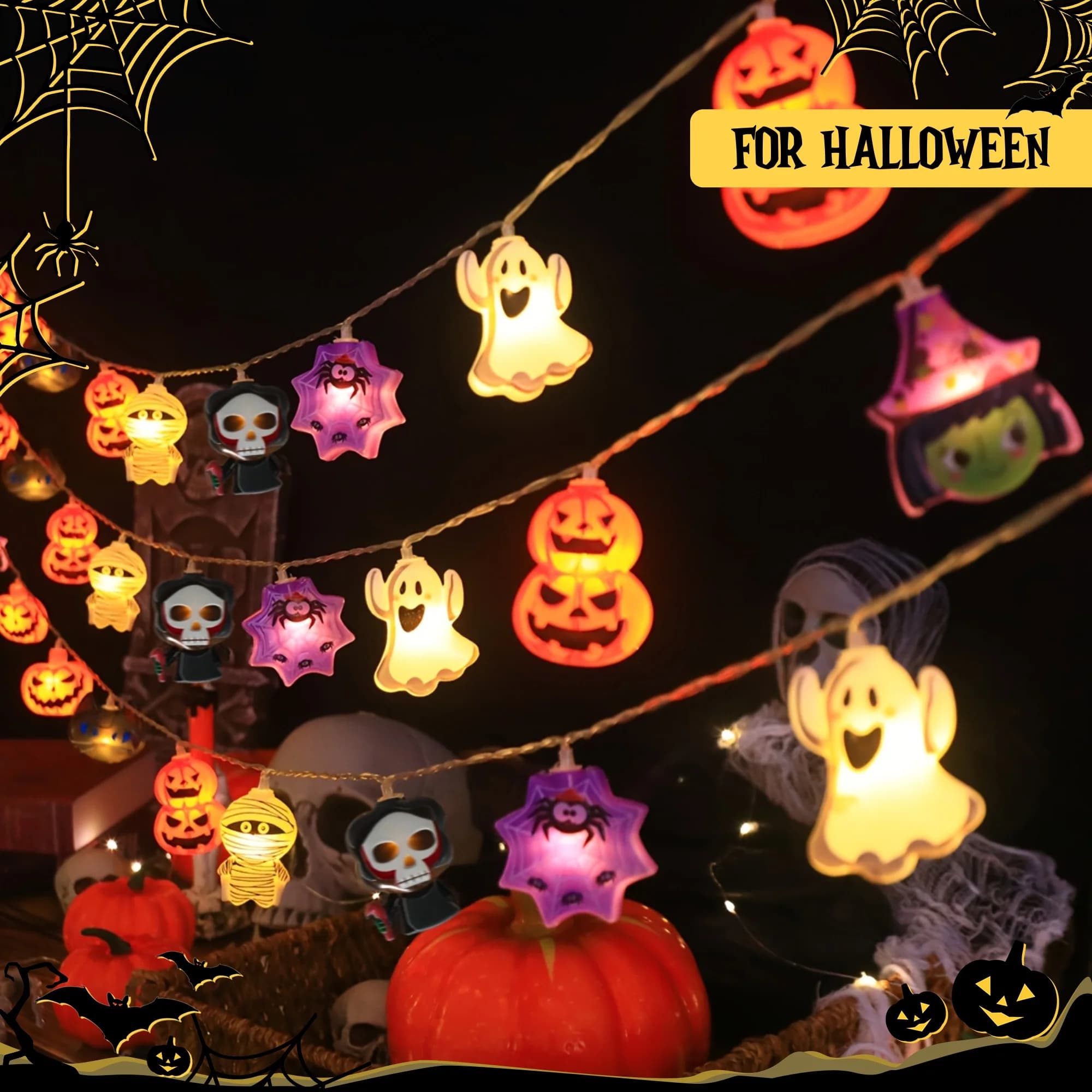 Halloween LED String Lights Pumpkin Ghost Spider Web Hanging Fairy Light Lamp UK — image 2