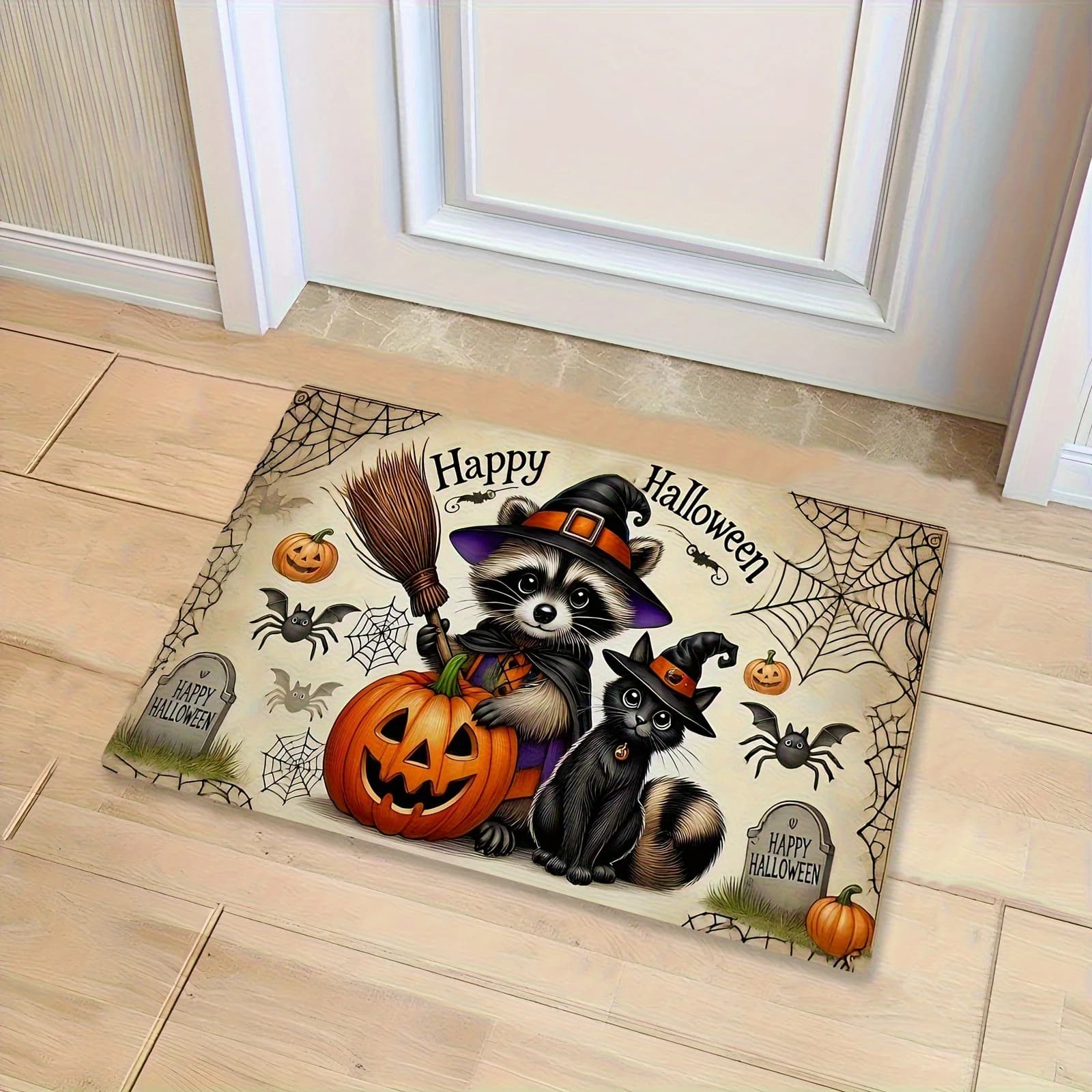 Cute Halloween Flannel Floor Mat Machine Washable Raccoon Witch Cat — image 5