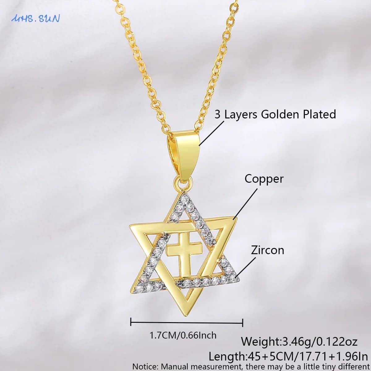 Zircon Hexagram Star of David Pendant Necklace Gold Silver Inlaid — image 7
