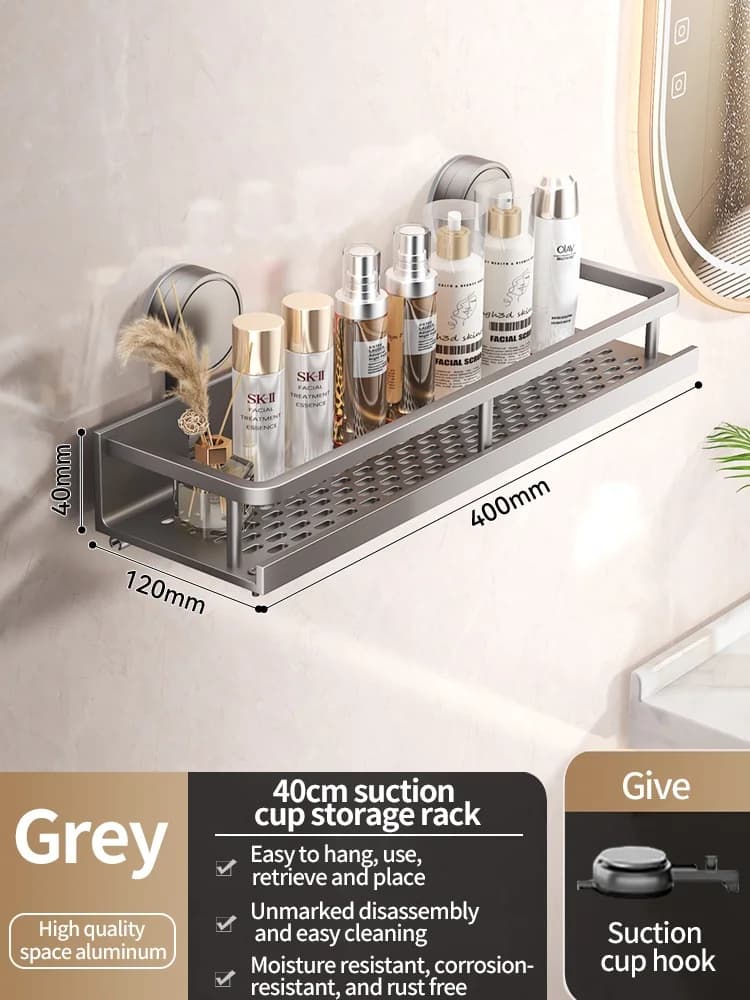 Bathroom Shelf Suction Cup Rack Aluminium No Drill Shower Toilet Storage Organiser — image 13
